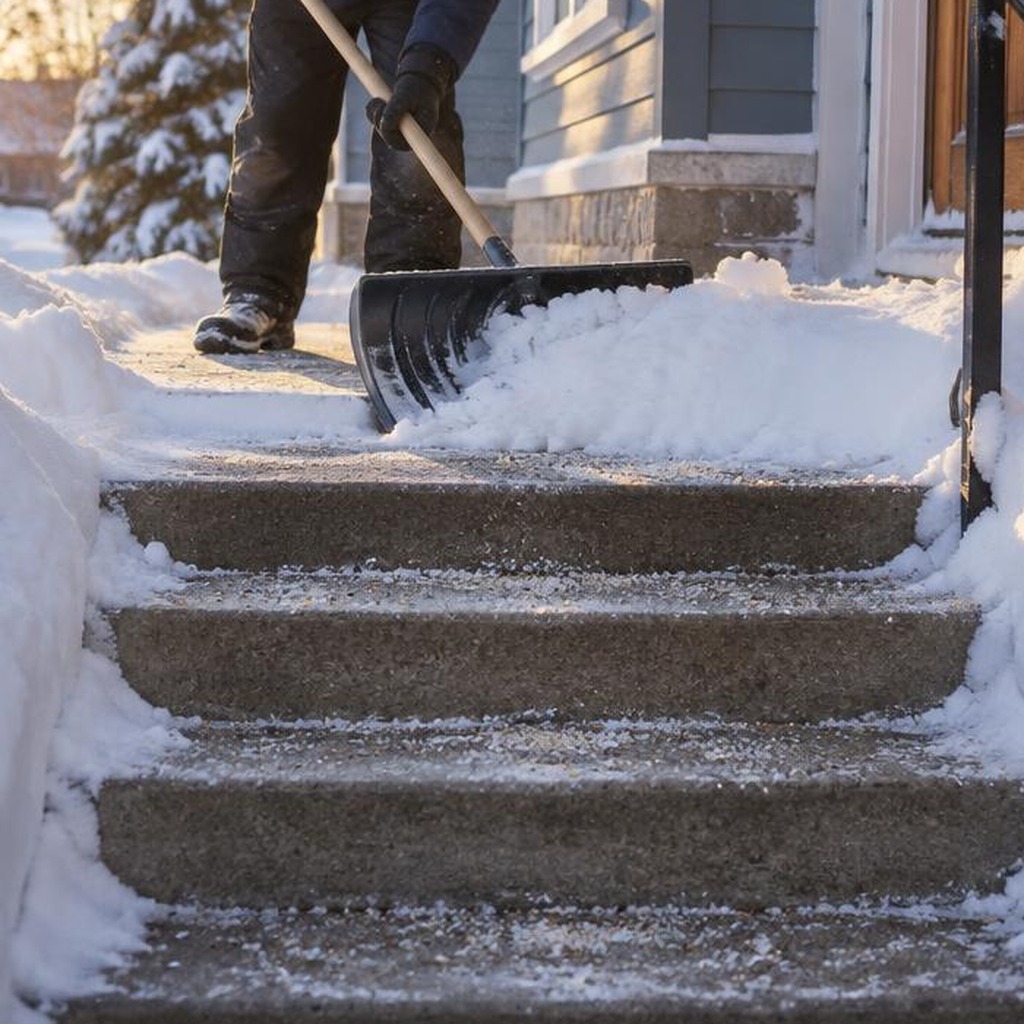 Illustration : un employé déneige un escalier résidentiel à la pelle